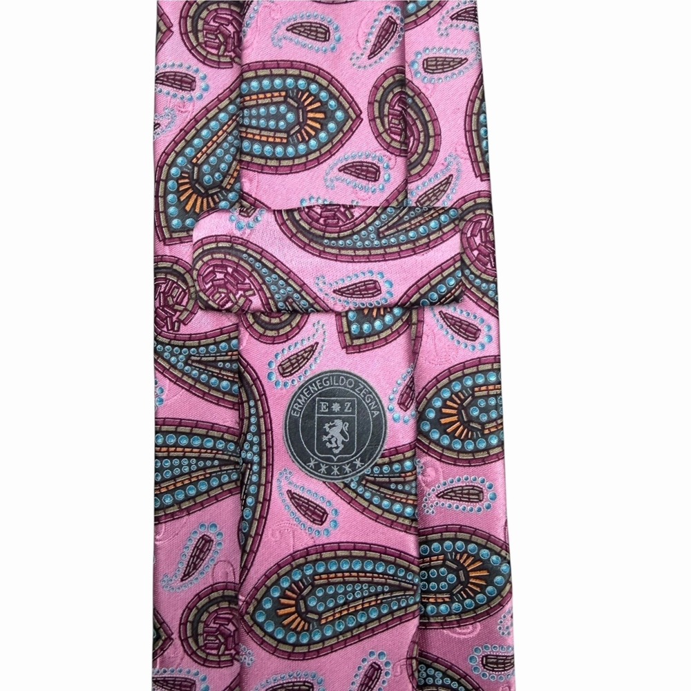 Ermenegildo Zegna Men's Recent Tie Pink AOP Paisley Satin Silk 3 5/8" x 60" euc